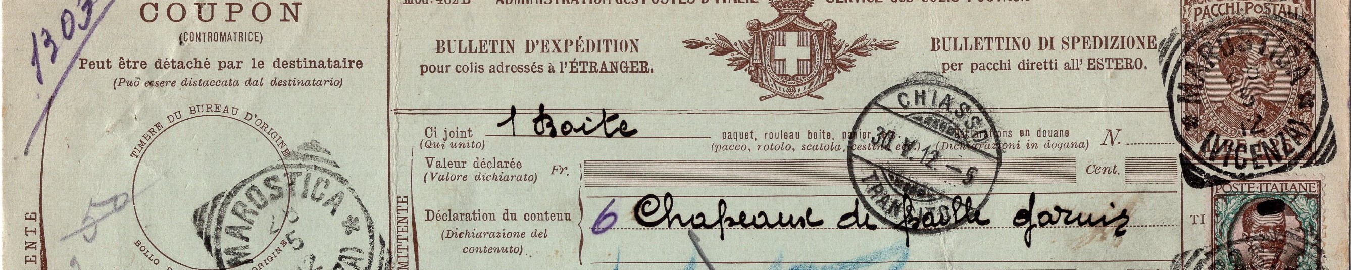 29.05.1912 – da Marostica a Mexico City Bollettino Lire 1,25 + Lire 3,00 per integrazione tariffa di spedizione di lire 4,25 con avviamento via Chiasso, Svizzera, Germania e piroscafi germanici. Recto: bollo di transito «chiasso transito – 30.V.12 – 5» Verso: bollo di transito «hamburg -1.6.12.4.5n * 7 b»